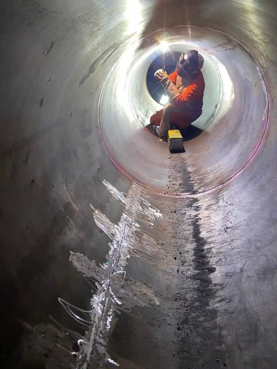 Soldador Solutec AM dentro de tubo industrial — manutenção de caldeiras